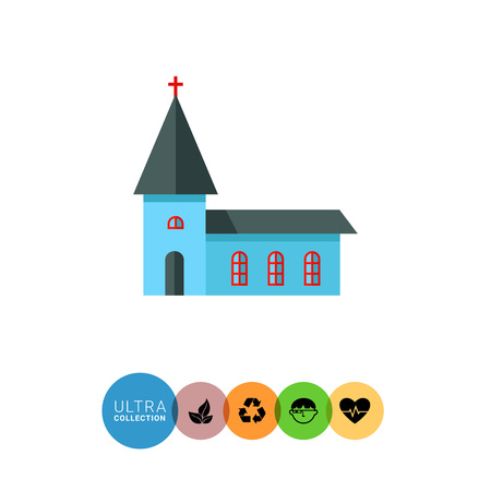 Icon of blue Catholic church with grey roof and red cross on itのイラスト素材