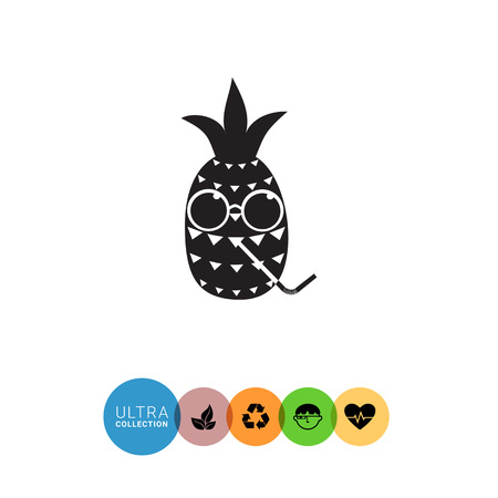 Pineapple simple icon. Black and white illustration of cartoon pineapple character in glasses and with drinking strawのイラスト素材