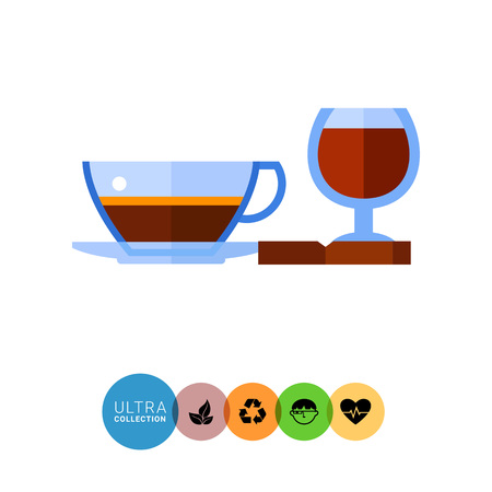 Icon of coffee cup with saucer and cognac glass on wooden trayのイラスト素材