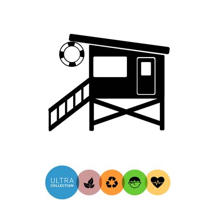 Monochrome vector icon of beach lifeguard tower with stairs and safety ringのイラスト素材