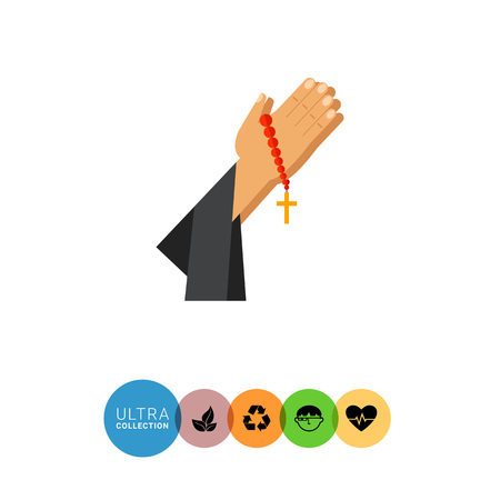Icon of praying priest hands holding red beads with golden Christian crossのイラスト素材