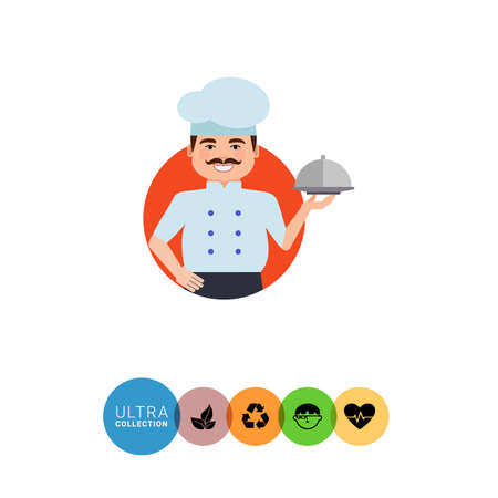 Male character, portrait of smiling male chef with moustache, holding dish closed with clocheのイラスト素材