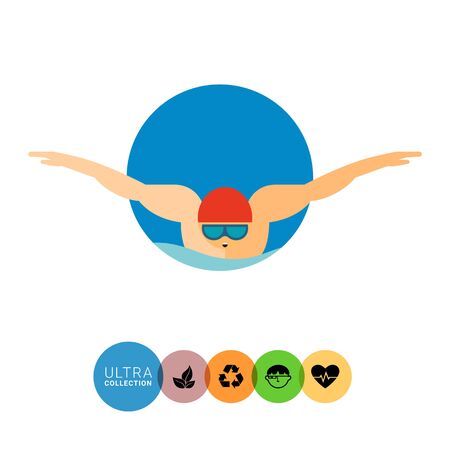Swimming flat icon. Multicolored vector illustration of male character in swimming hat and glasses swimming in butterfly styleのイラスト素材