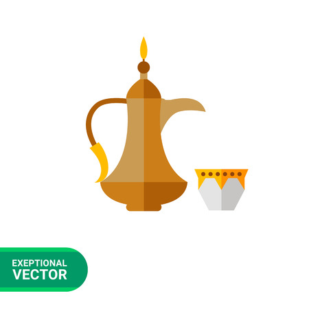 Icon of metal Arabic coffee pot with white coffee cup decorated with gold ornamentのイラスト素材