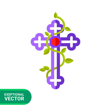 Icon of purple Christian Cross with red center and green plant entwining itのイラスト素材