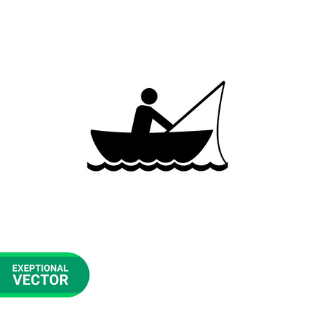 Monochrome vector icon of man fishing in boatのイラスト素材