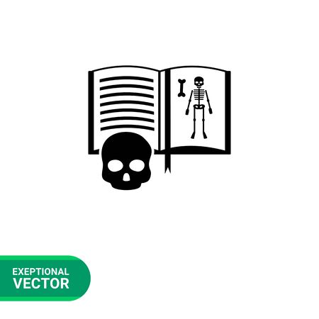 Monochrome vector icon of anatomy book, human skull and loupe representing medicine conceptのイラスト素材