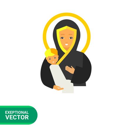 Icon of smiling Saint Mary, Mother of God, and little baby Jesus Christのイラスト素材