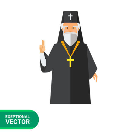 Icon of grey-haired bearded orthodox priest in black cassock with golden crossのイラスト素材