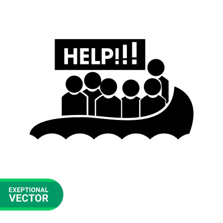 Refugees flat icon. Vector illustration of boat with refugees asking for helpのイラスト素材