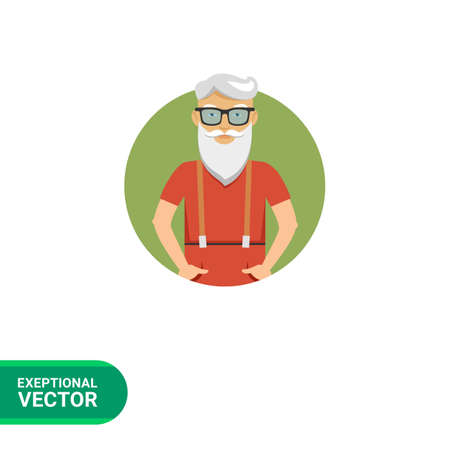 Male character, portrait of senior man with beard, wearing glasses, standing with hands in pocketsのイラスト素材