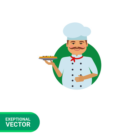 Male character, portrait of smiling male chef with moustache, holding plate with pizzaのイラスト素材