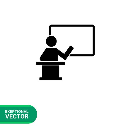 Monochrome vector icon of teacher on rostrum near school blackboardのイラスト素材
