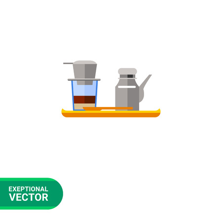 Icon of Vietnamese coffee set, coffeepot and cup with filter on it, on wooden trayのイラスト素材