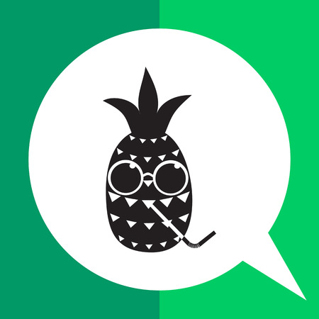 Pineapple simple icon. Black and white illustration of cartoon pineapple character in glasses and with drinking strawのイラスト素材