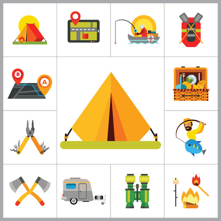 Camping Icon Set. Camping Tent Caravan Axes Multitool Pliers Route Binocular GPS Fishing Rubber Boat Picnic Basket Man With Fish Campfireのイラスト素材