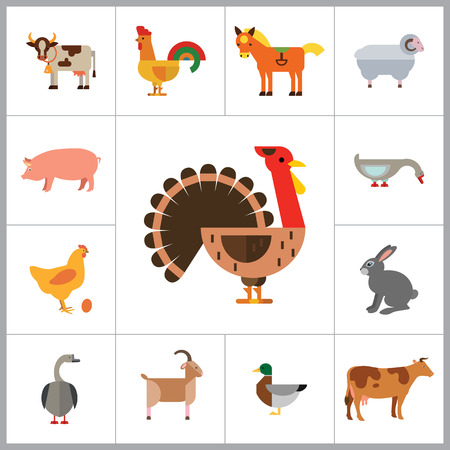 Farm Animal Icon Set. Cow Hen And Egg Turkey Goose Cockerel Duck Goat Pecking Goose Ram Pig Horse Rabbit Spotted Cowのイラスト素材