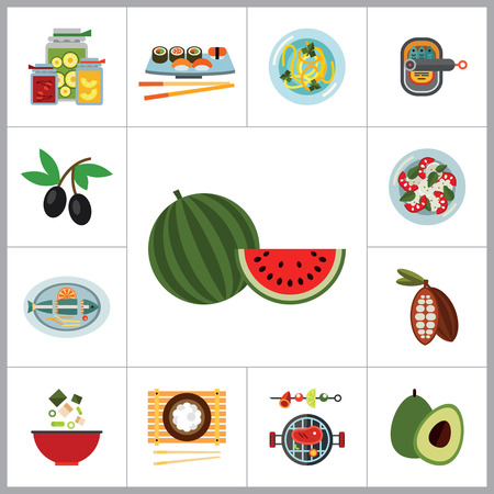 Food Icon Set. Olives Open Can With Sardines Watermelon Avocado Sushi Set Miso Soup Pasta Paella Served Fish Jam Jars Barbecue Riceのイラスト素材