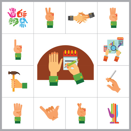 Hands Icon Set. Handprints Hand With Hammer Writing Three Fingers Up Cross Fingers Four Fingers Up Hand With Cigarette Finger Up Victory Gesture Colored Palm Drink Gesture Business Hands Handshakeのイラスト素材
