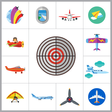 Plane Icon Set. Air Show Paper Plane Flying Plane Airplane Propeller Big Plane Jet Plane Kids Plane Light Plane Old Plane Target Plane Window Airplane Front View Hang-gliderのイラスト素材