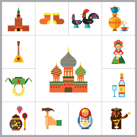 Russia Icon Set. Kremlin Saint Basil Cathedral Valenki Russian Rooster Samovar Matryoshka Bear With Balalaika Russian Welcome Vodka Balalaika Hand With Hummer Ushanka Khokhlomaのイラスト素材
