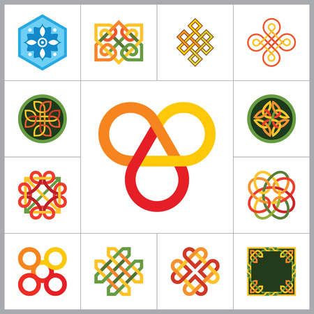 Pattern Icon Set. Hexagon Pattern Infinite Knot Traditional Knot Chinese Amulet Round Pattern Creative Pattern Square Pattern Eternal Knot Decorative Element Pattern Auspicious Symbol Endless Knotのイラスト素材