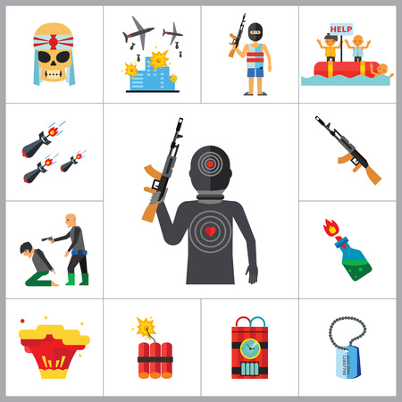 Terrorism Icon Set. Kamikaze Fire Cocktail Dynamite Army Tags Hostage Bomb With Timer Machine Gun Missiles Explosion Refugees Terrorist Shooting Target Warのイラスト素材