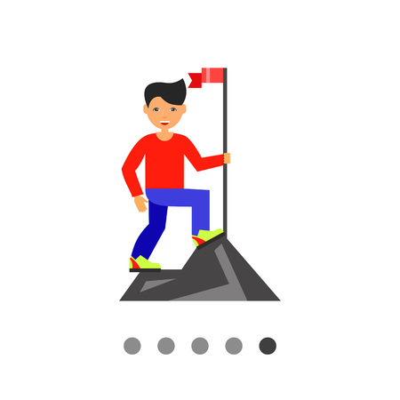 Man reached mountain top setting flag. Success, goal, challenge. Achievement concept. Can be used for topics like business, management, finance.のイラスト素材