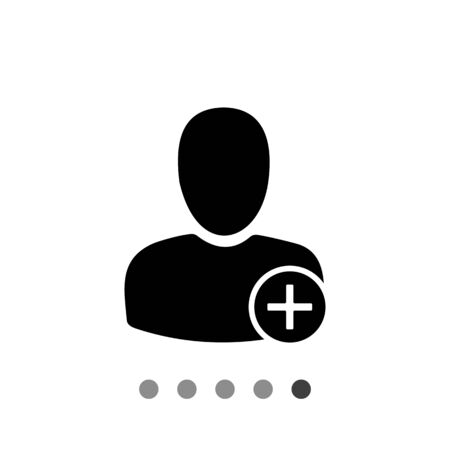 Monochrome vector icon of man silhouette with plus sign in circle representing adding user conceptのイラスト素材