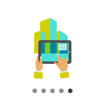 Multicolored flat icon of human hands holding tablet showing augmented realityのイラスト素材