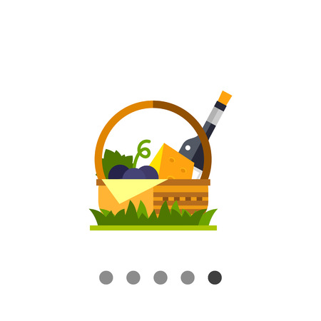 Wicker basket with wine, cheese and bunch of grapes. Picnic, nature, lunch. Wine concept. Can be used for topics like lifestyle, food, spirits.のイラスト素材