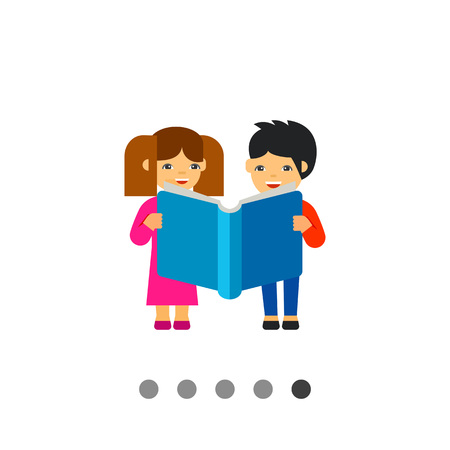Multicolored vector icon of two smiling children holding big open bookのイラスト素材
