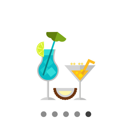 Multicolored vector icon of glasses with blue and yellow cocktail with straw and cut coconut halfのイラスト素材