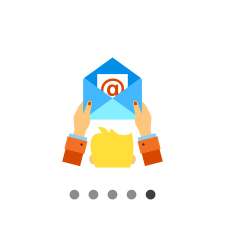 Multicolored vector icon of human head and hands holding open envelope representing e-mail marketingのイラスト素材