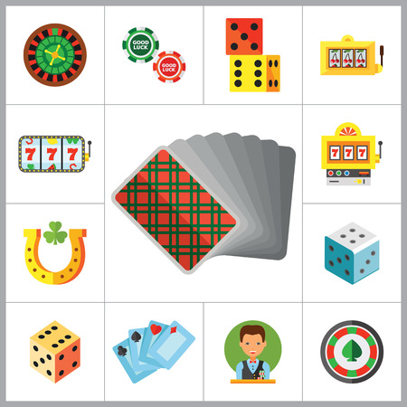 Casino Icon Set. Roulette Poker Chips Dice Slot Machine Display Playing Cards Slot Machine Casino Dice Croupier Casino Symbol Cards Suits Horseshoe And Shamrock Jackpotのイラスト素材