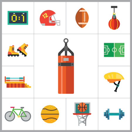Sport icons set with bicycle, scoreboard and barbell. Thirteen vector iconsのイラスト素材