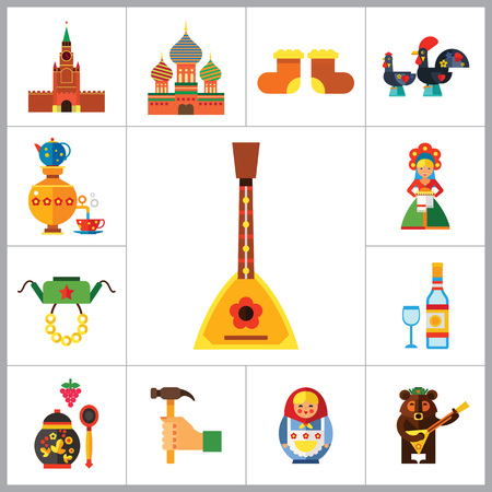 Russia Icon Set. Kremlin Saint Basil Cathedral Valenki Russian Rooster Samovar Matryoshka Bear With Balalaika Russian Welcome Vodka Balalaika Hand With Hummer Ushanka Khokhlomaのイラスト素材