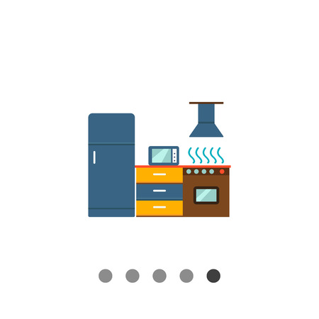 Icon of kitchen interior including fridge, cooker with oven and hood, cupboard, microwaveのイラスト素材