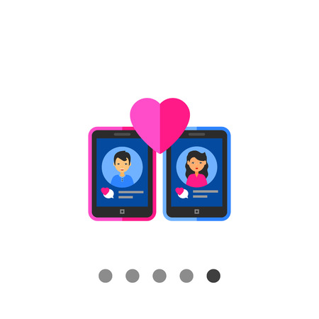Multicolored vector icon of two mobile phones with love messages and heart in front of them, representing loving couple conceptのイラスト素材