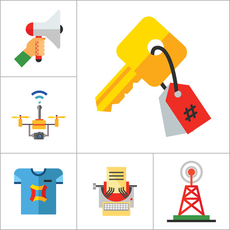 Advertising Icon Set. Tablet PC Smartwatch VR Gaming Viral Marketing Promotion Email Marketing Direct Message Billboard Advertising Broadcast Copywriting Custom Printing Surveillance Drone Keywordingのイラスト素材