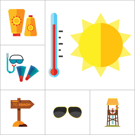 Beach Icon Set. Sun In Sunglasses Swimming Surf Board Bus Sun Umbrella Sunblock Cream Cocktails Sand Castle Aloha Shirt Lifeguard Tower Sunglasses Pointer To Beach Flippers And Diving Mask Summer Heatのイラスト素材