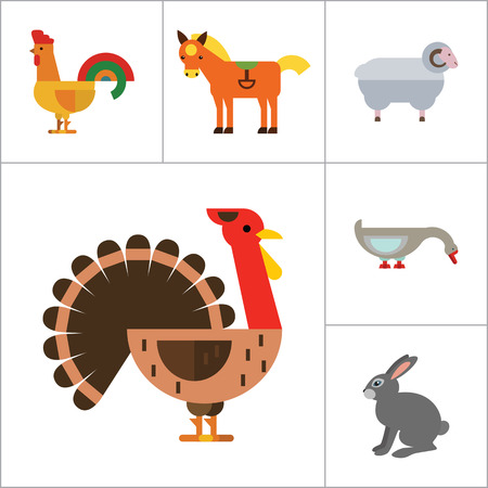 Farm Animal Icon Set. Cow Hen And Egg Turkey Goose Cockerel Duck Goat Pecking Goose Ram Pig Horse Rabbit Spotted Cowのイラスト素材