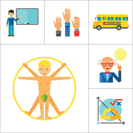 School Icon Set. School Pencil School Bus Pencil Stand Stationery Math Formula Knowledge Vitruvian Man Professor Lesson School Board Teacher Studentsのイラスト素材
