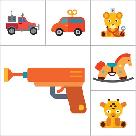Toys icons set with Rubics cube, whirligig and elephant toy. Thirteen vector iconsのイラスト素材