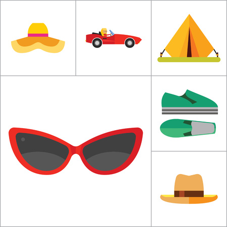 Vacation Icon Set. Picnic Basket Summer Shoes Bikini Tent Sun With Umbrella Sunglasses Womans Summer Hat Mans Hat Summer Drink Woman In Cabriolet Coconut Palms With Monkey Beach Couple In Cabrioletのイラスト素材