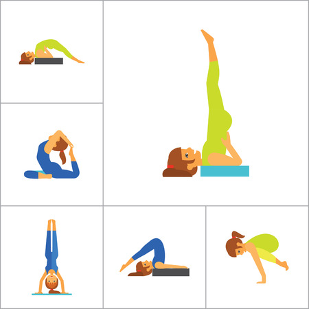 Yoga Icon Set. Meditation Rajakapotasana Sarvangasana Halasana Ustrasana Astavakasana Bakasana Handstand Virabhadrasana Svanasana Prasaritaのイラスト素材