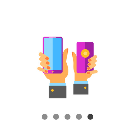 Multicolored vector icon of two man hands holding purple smartphonesのイラスト素材
