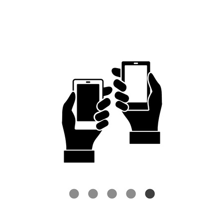 Vector icon of two man hands holding smartphones representing product placementのイラスト素材