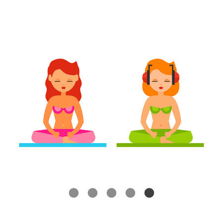 Multicolored vector icon of two women sitting in lotus position and relaxing on beachのイラスト素材
