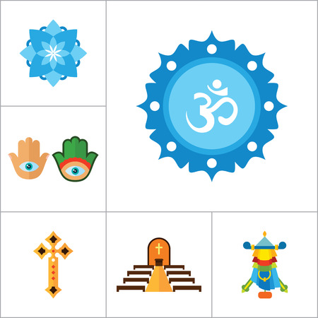 Religion vector icons set with Om sign, Hamsa amulet and Holy Spirit dove. Thirteen flat iconsのイラスト素材
